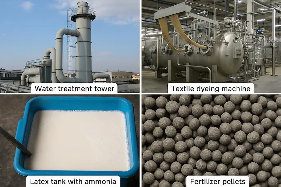 Ứng dụng công nghiệp phổ biến của dung dịch Amoniac 25% như xử lý nước thải, nhuộm vải, bảo quản mủ cao su và sản xuất phân bón