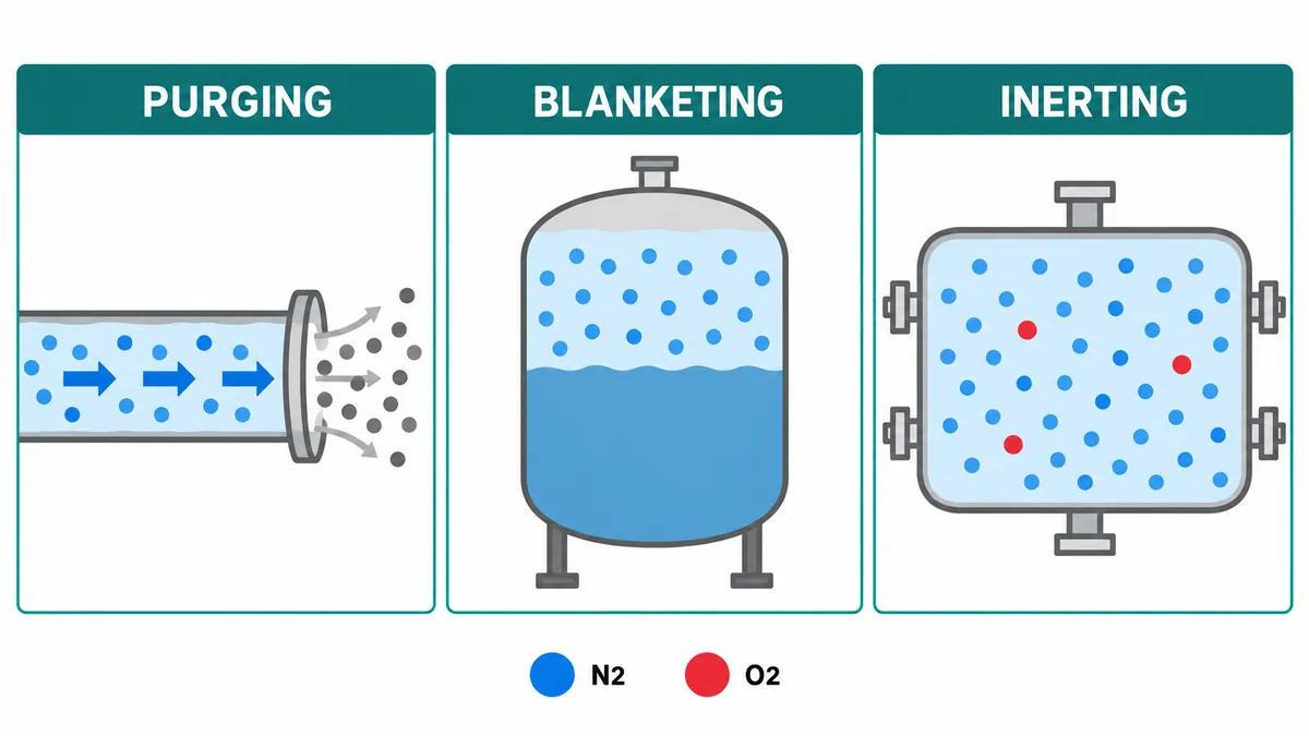 Sơ đồ minh họa ba cách dùng khí Nitơ: purging, blanketing và inerting