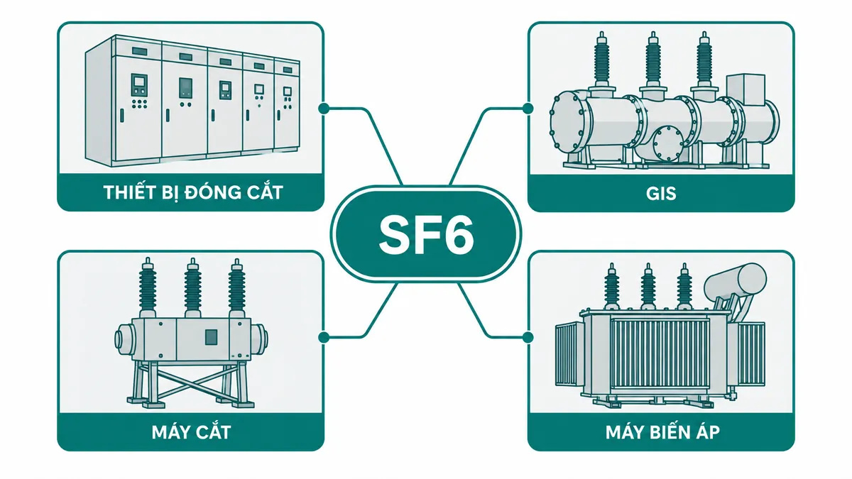 Sơ đồ minh họa bốn nhóm thiết bị điện cao áp dùng khí SF6